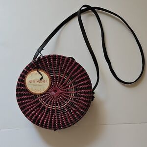 Indonesia NWT Rattan Leather Round Crossbody bag Purple Black Fabric Interior